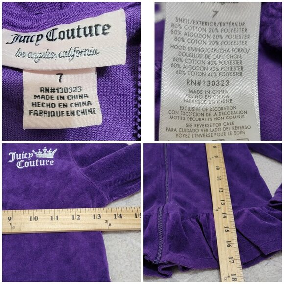 Juicy Couture Girls Purple Velour Full Zip Hoodie Studded Ruffled Hem Size 7 - Picture 10 of 11